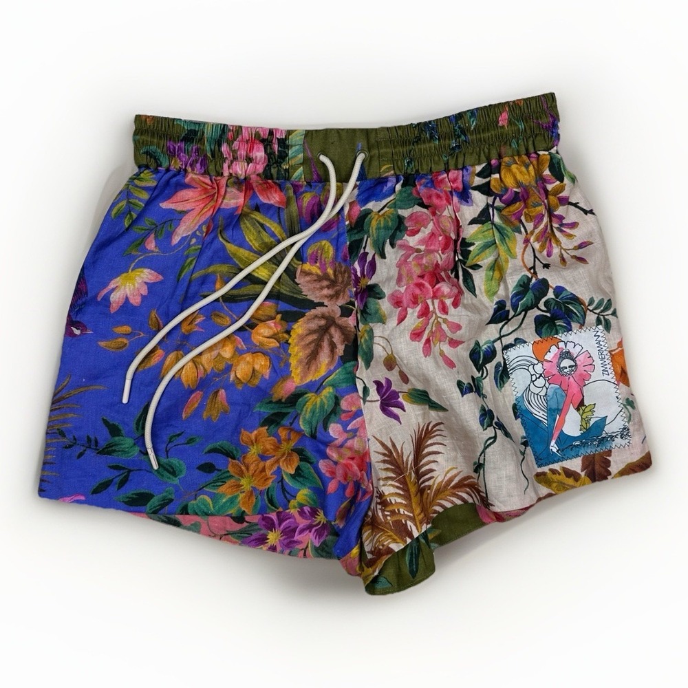 Zimmermann Tropicana Spliced Linen Shorts Size 3 US 8-10 Patchwork Floral Summer